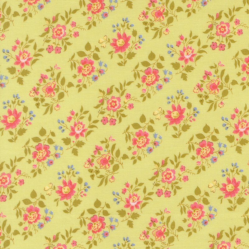 A light lemongrass fabric with pink and blue floral clusters.