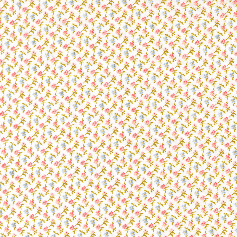 A white fabric featuring tiny pink and blue florals in a diagonal pattern.