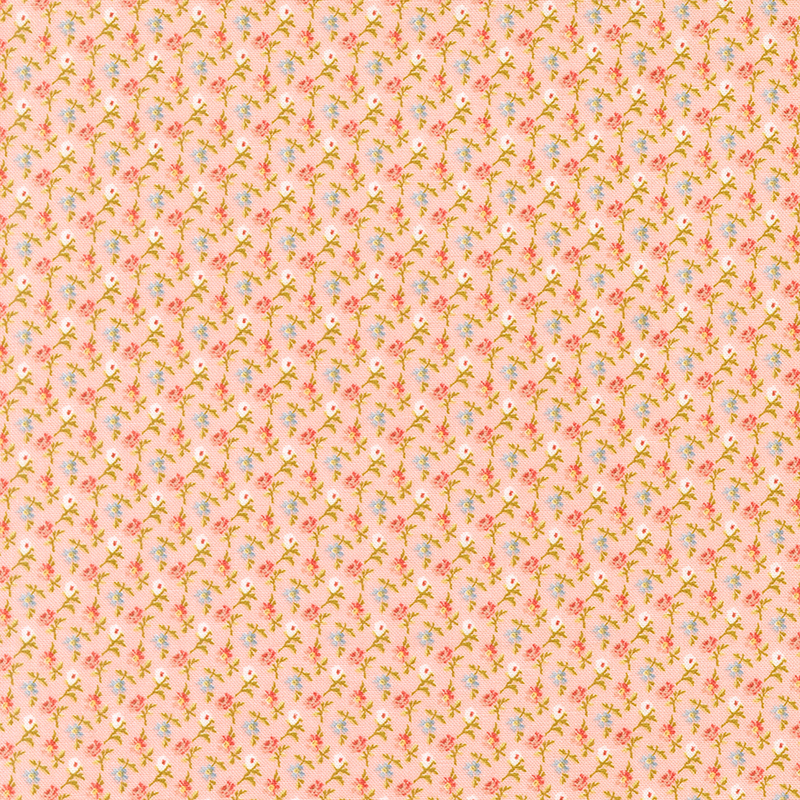 A peach fabric featuring tiny pink and blue florals in a diagonal pattern.