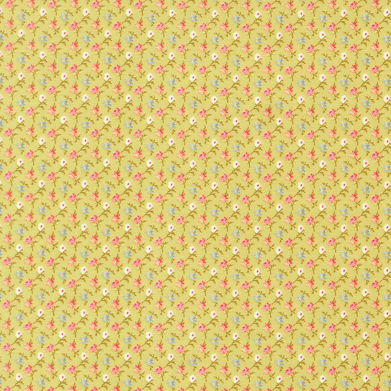 A light lemongrass fabric featuring tiny pink and blue florals in a diagonal pattern.