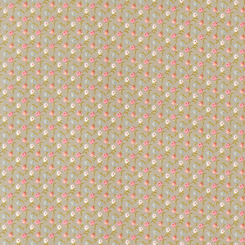 A latte fabric featuring tiny pink and blue florals in a diagonal pattern.