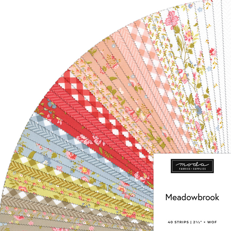 A collage of fabrics featured in the Meadowbrook Jelly Roll by Moda.