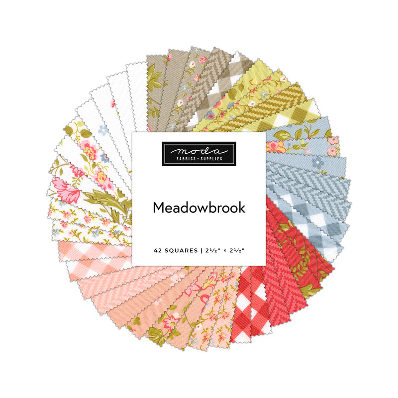 A collage of fabrics featured in the Meadowbrook Mini Charm Pack by Moda.