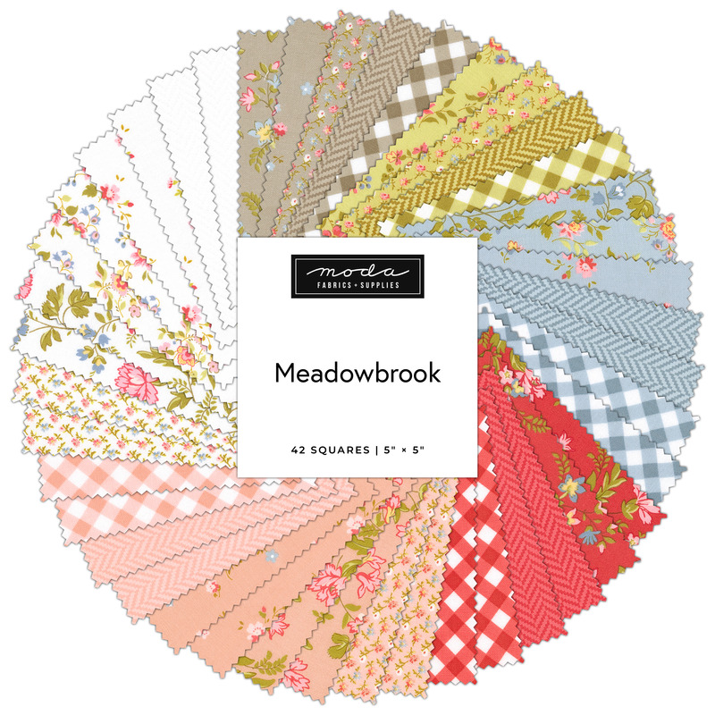 A collage of fabrics featured in the Meadowbrook Charm Pack by Moda.