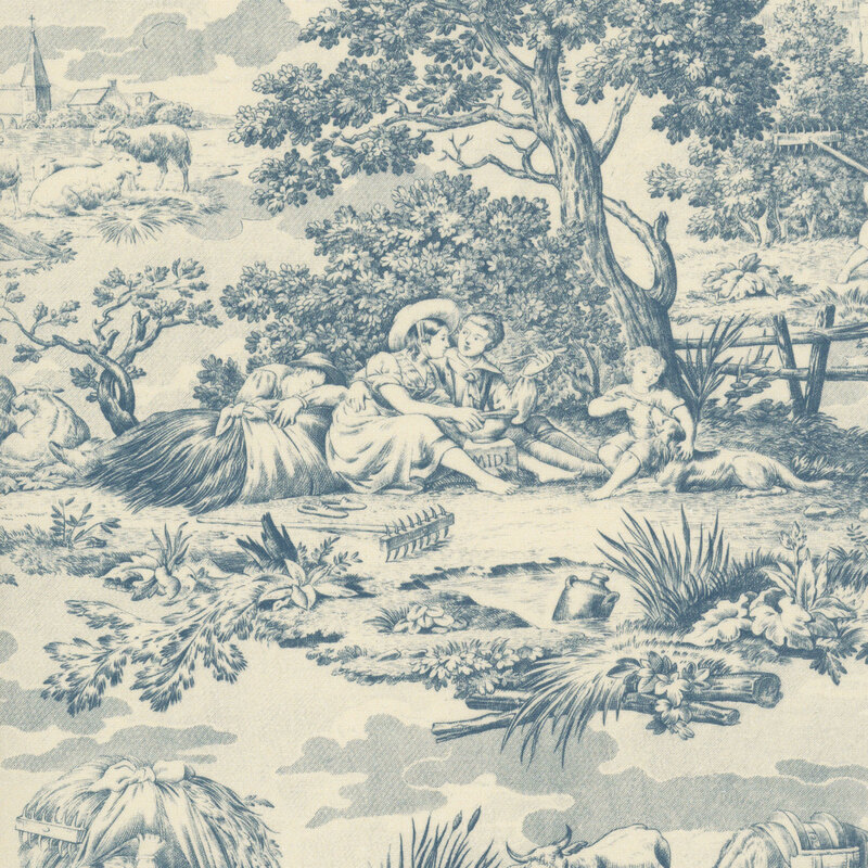 Cream fabric with a toile pattern of farmers in their home landscapes.