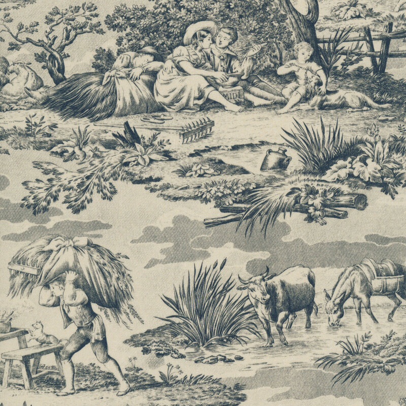 Greige fabric with a toile pattern of farmers in their home landscapes.