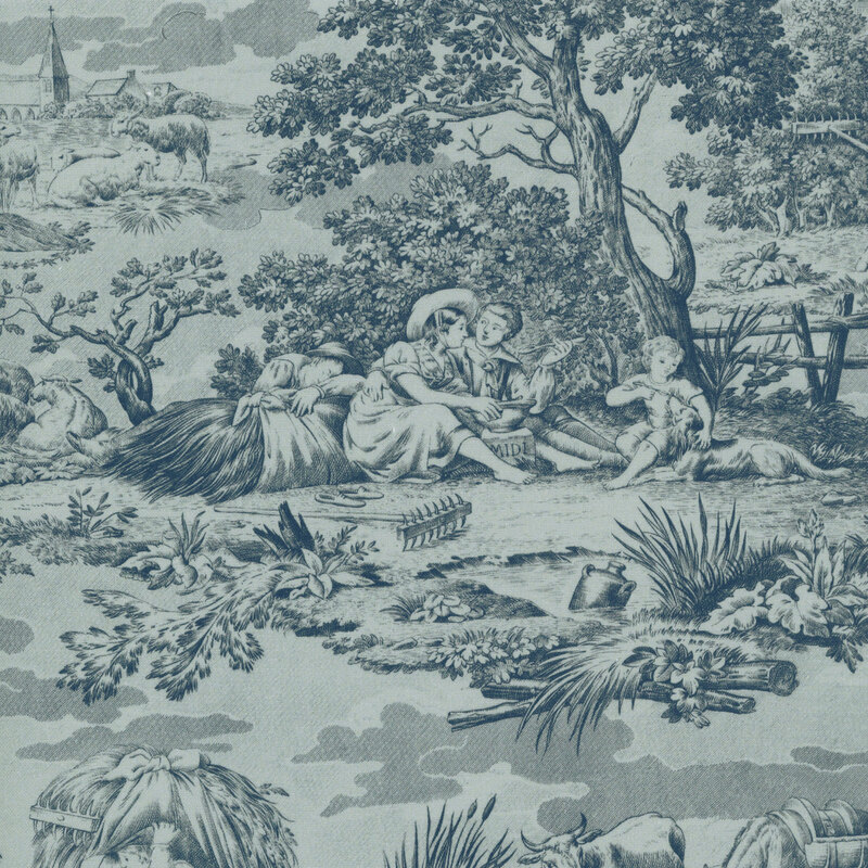 Faded teal fabric with a toile pattern of farmers in their home landscapes.
