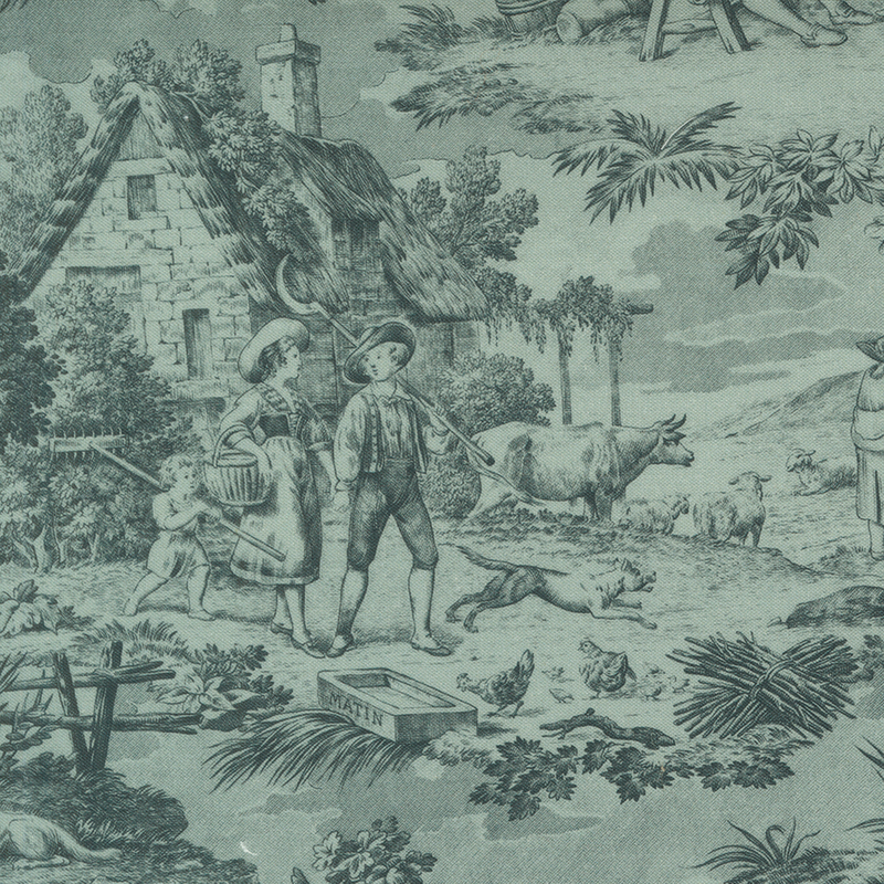 Faded teal fabric with a toile pattern of farmers in their home landscapes.