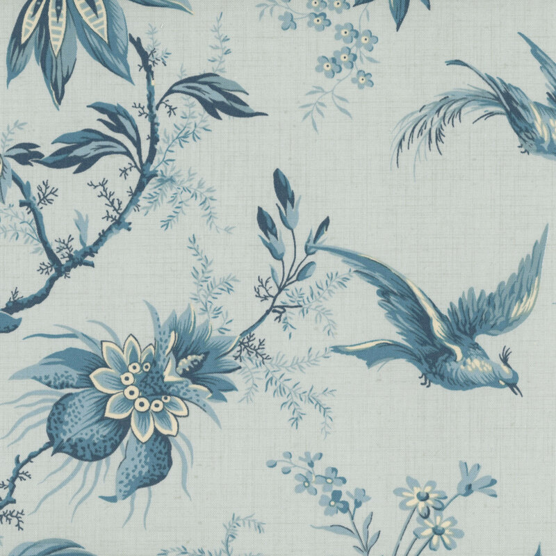 Misty aqua fabric with dark teal sprigs, leaves, florals, and birds in flight.