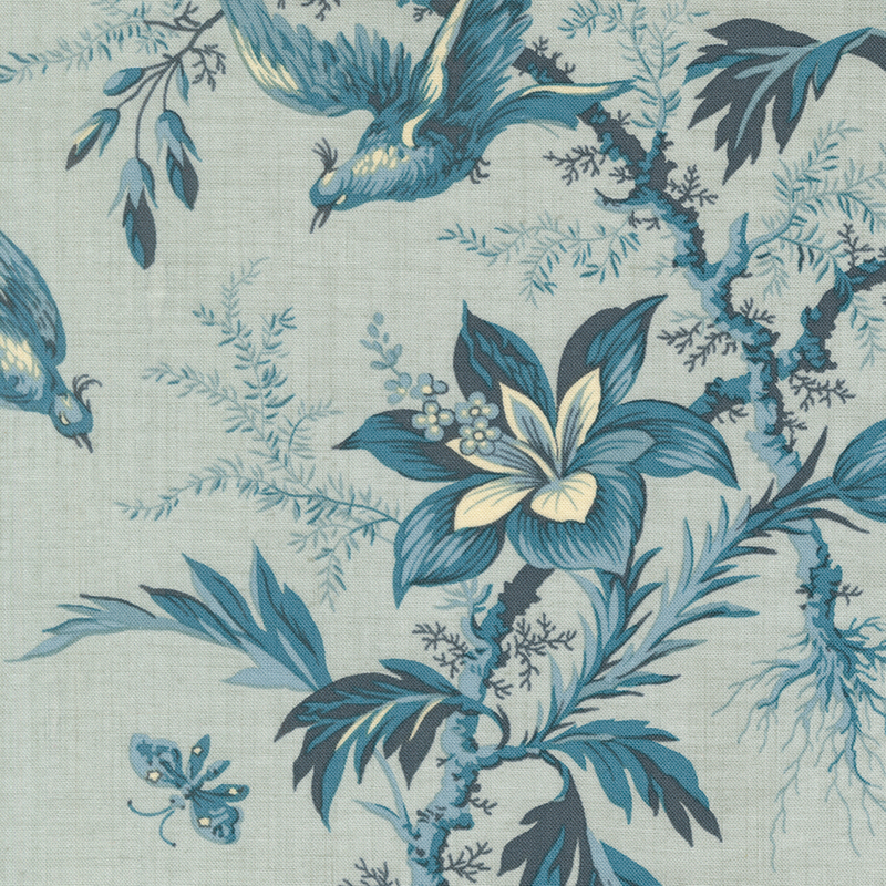 Misty aqua fabric with dark teal sprigs, leaves, florals, and birds in flight.