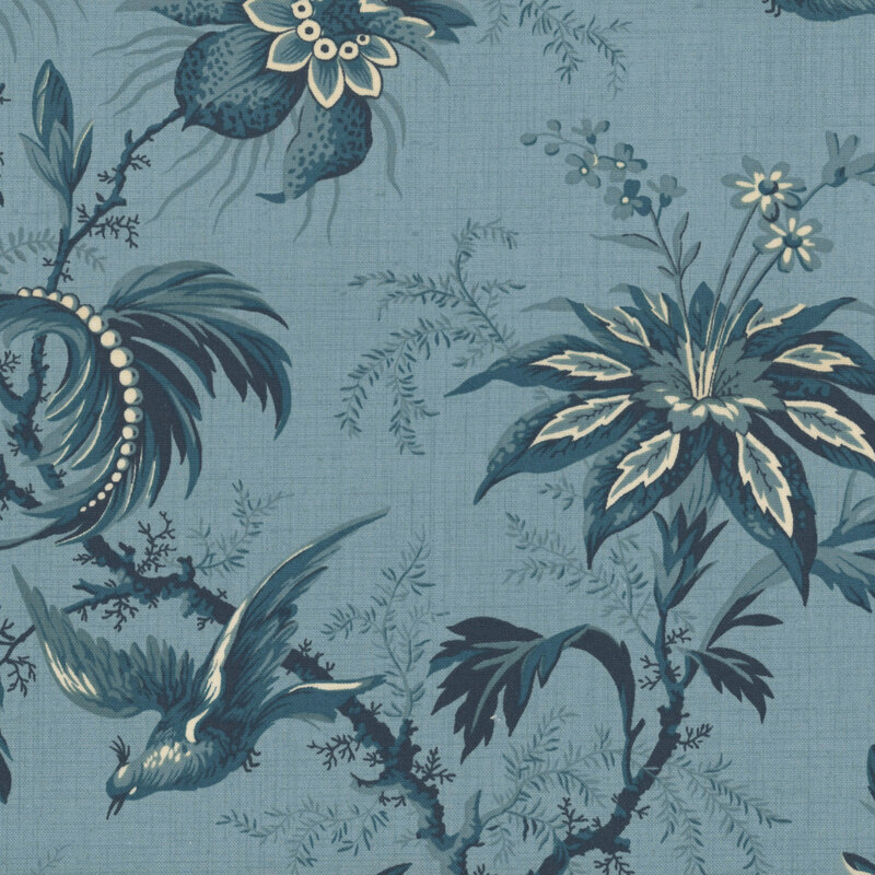 Cadet blue fabric with dark teal sprigs, branches, leaves, and florals.