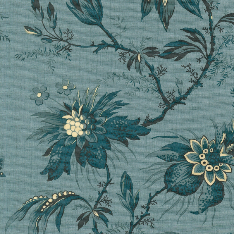 Cadet blue fabric with dark teal sprigs, branches, leaves, and florals.