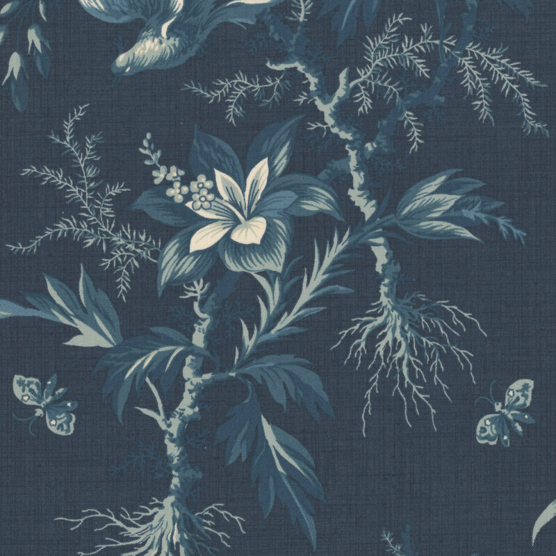 Dark teal blue fabric with dark teal sprigs, branches, leaves, florals, and birds in flight.