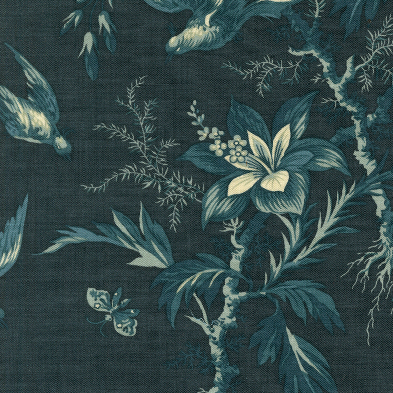 Dark teal blue fabric with dark teal sprigs, branches, leaves, florals, and birds in flight.