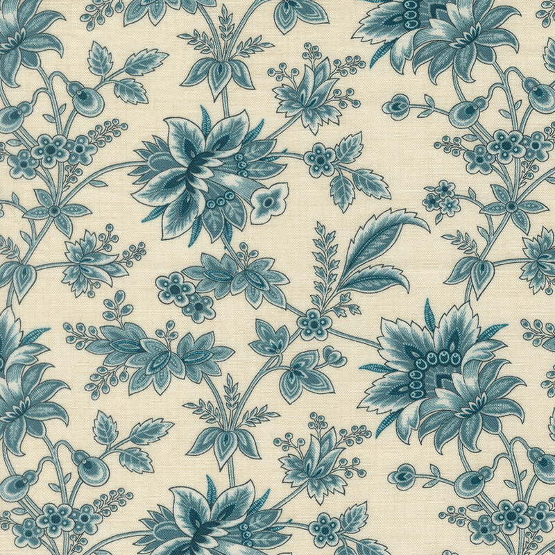 Cream fabric with dark teal sprigs, leaves, and florals.