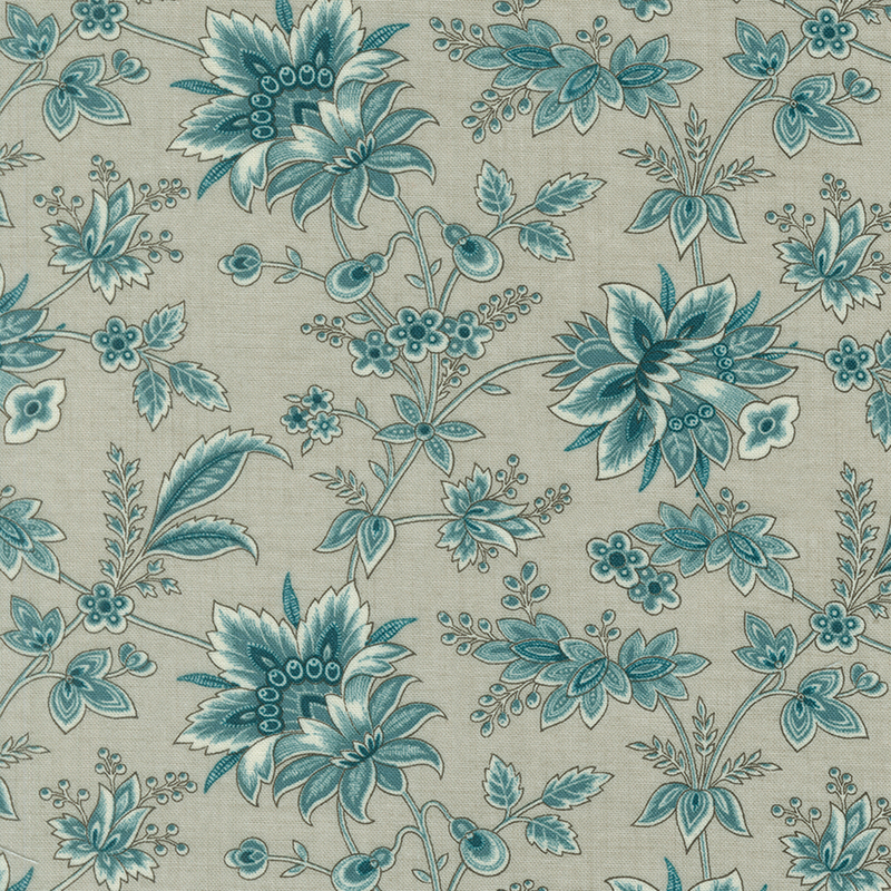 Greige fabric with dark teal sprigs, leaves, and florals.