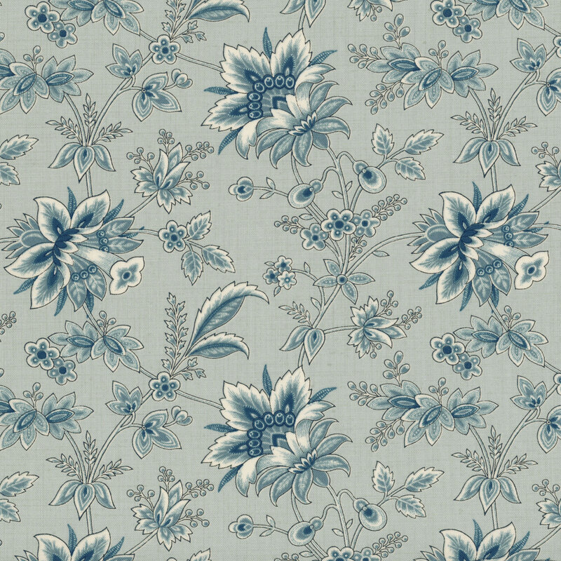 Misty aqua fabric with dark teal sprigs, leaves, and florals.