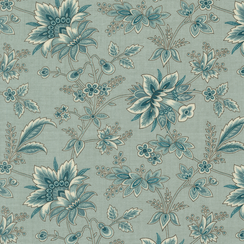 Misty aqua fabric with dark teal sprigs, leaves, and florals.