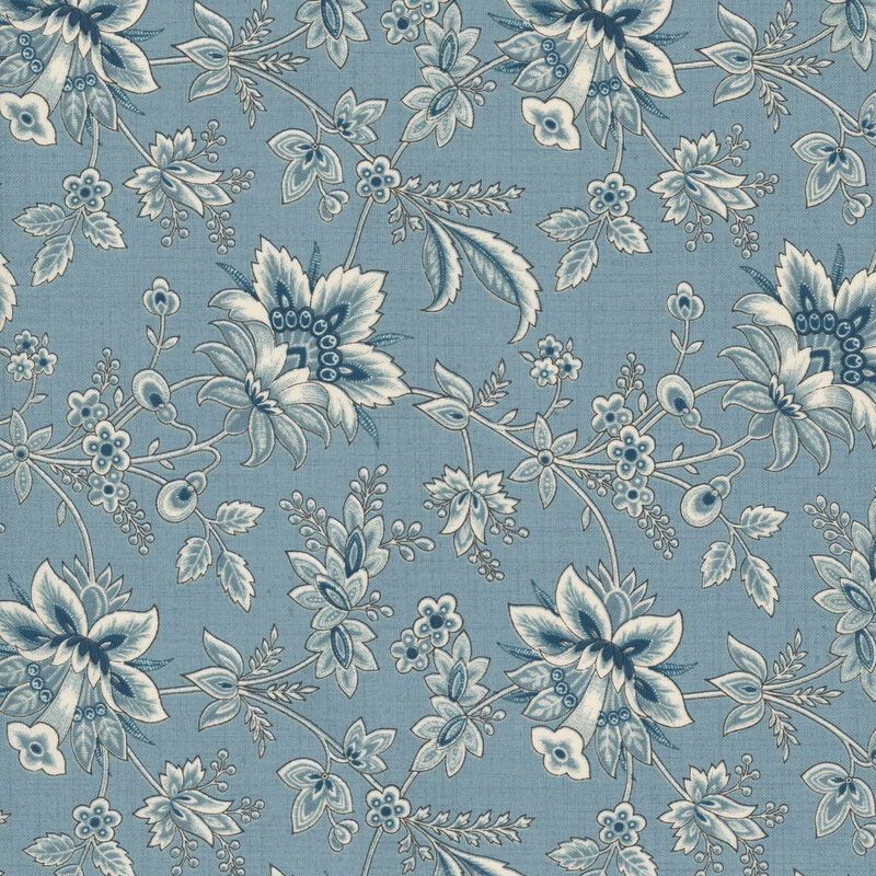 Cadet blue fabric with dark teal sprigs, leaves, and florals.