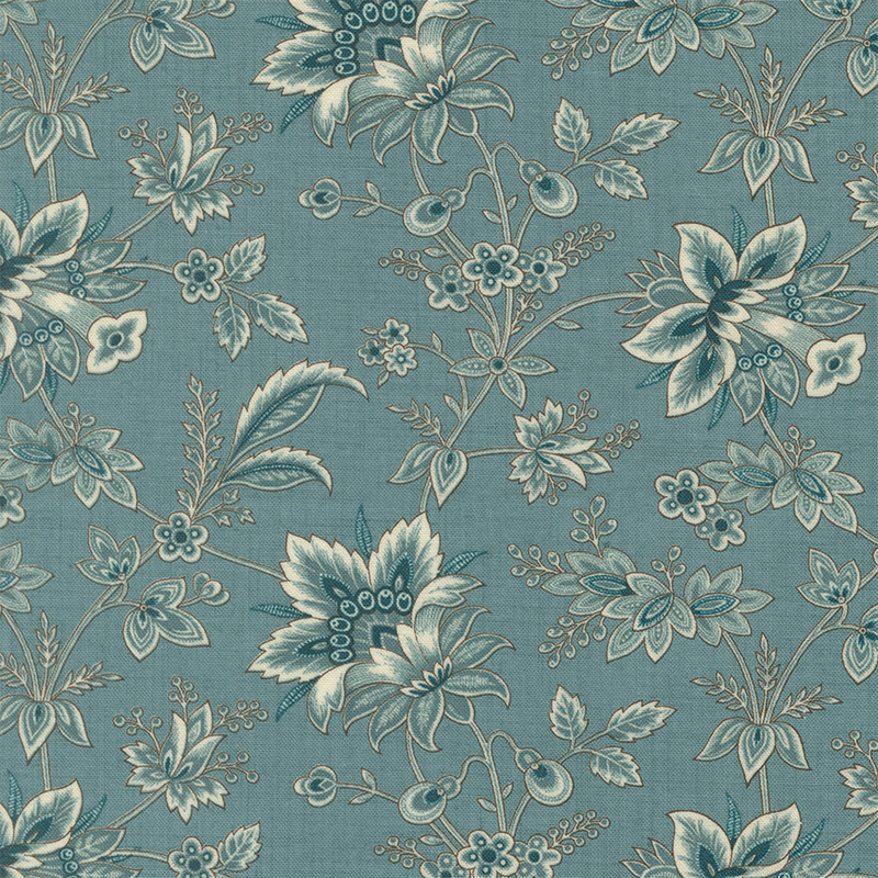 Cadet blue fabric with dark teal sprigs, leaves, and florals.