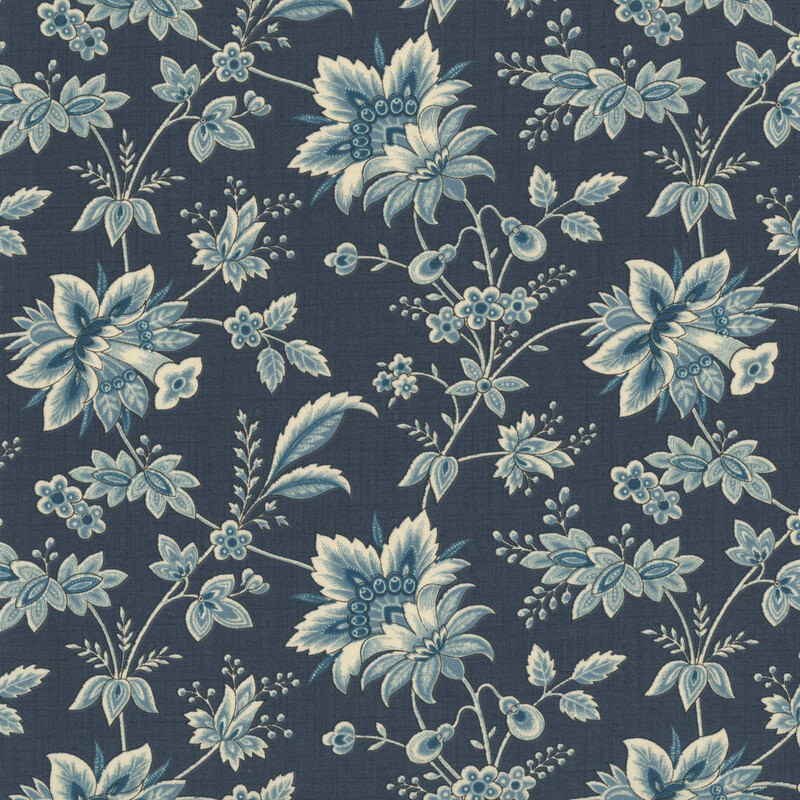 Dark teal fabric with teal sprigs, leaves, and florals.