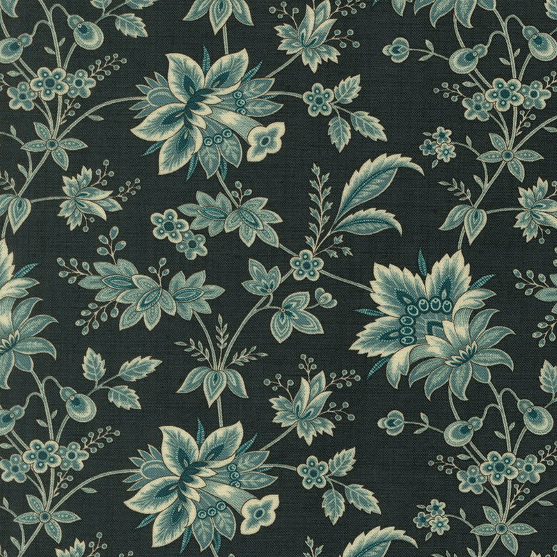 Dark teal fabric with teal sprigs, leaves, and florals.