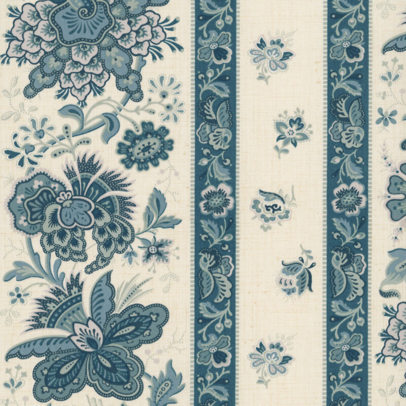 Cream fabric with a teal striped design and jacobean-style florals.