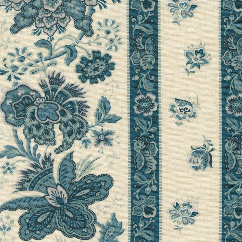 Cream fabric with a teal striped design and jacobean-style florals.