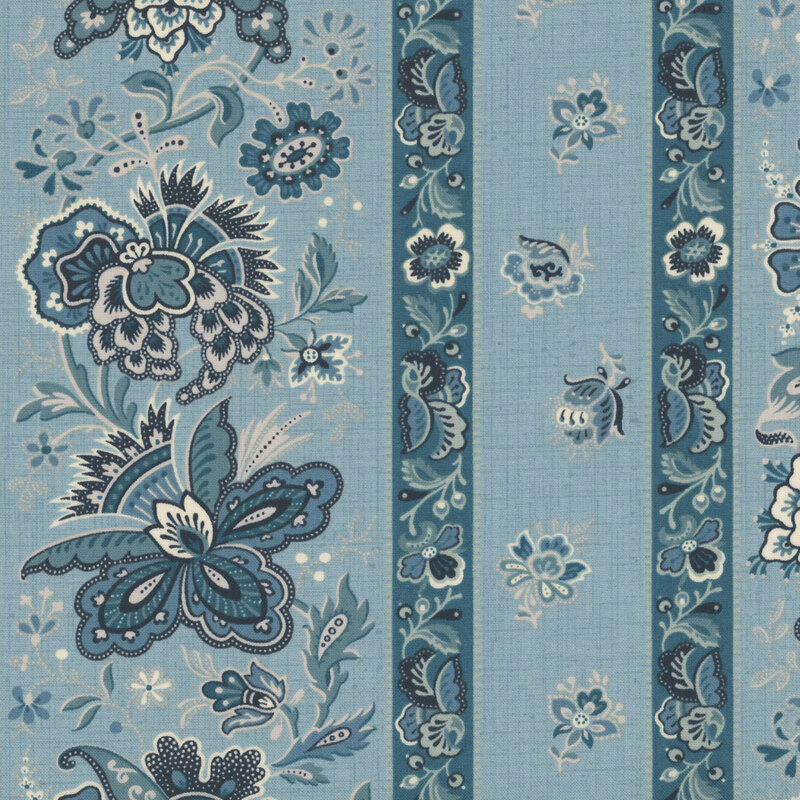 Cadet teal-blue fabric with a teal striped design and jacobean-style florals.