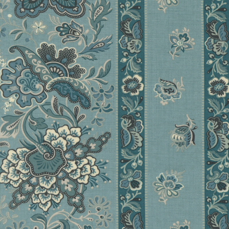 Cadet teal-blue fabric with a teal striped design and jacobean-style florals.