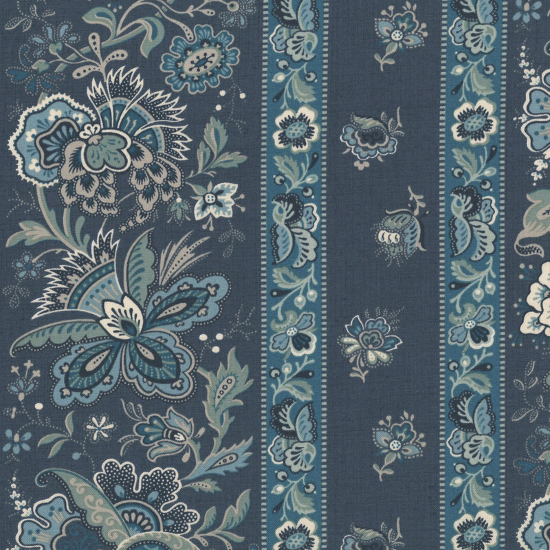 Dark teal fabric with a teal striped design and jacobean-style florals.