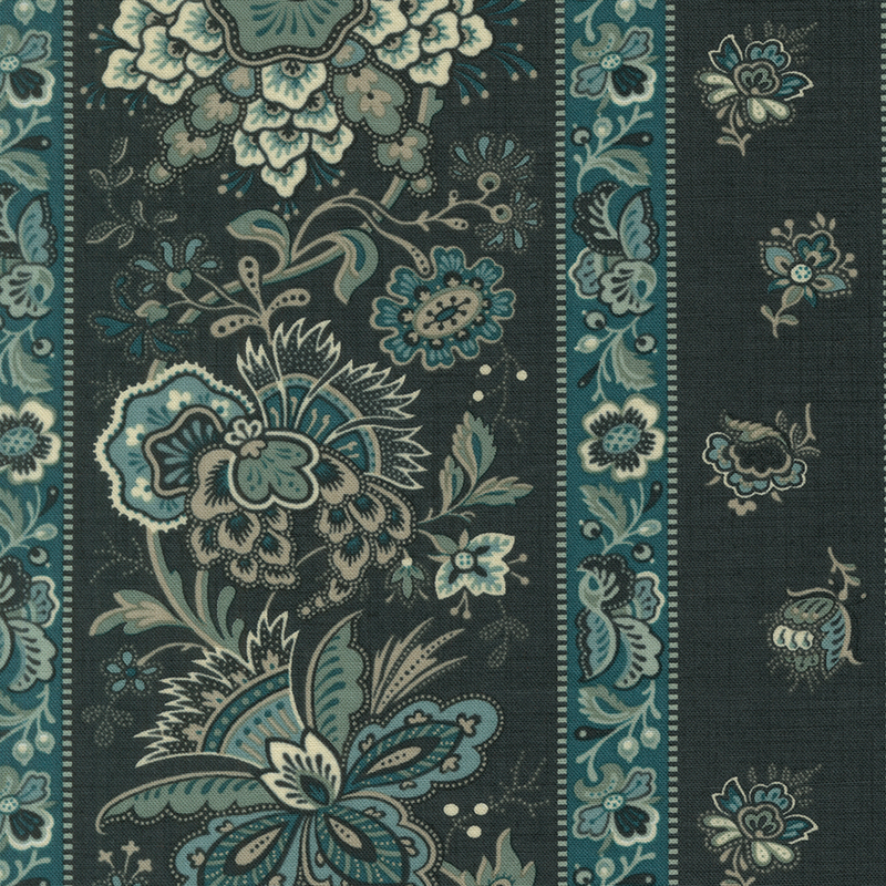 Dark teal fabric with a teal striped design and jacobean-style florals.