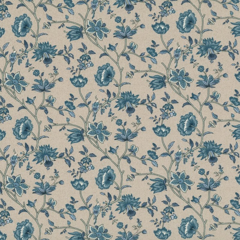 Smoke gray fabric with teal floral vines and small birds across the background.