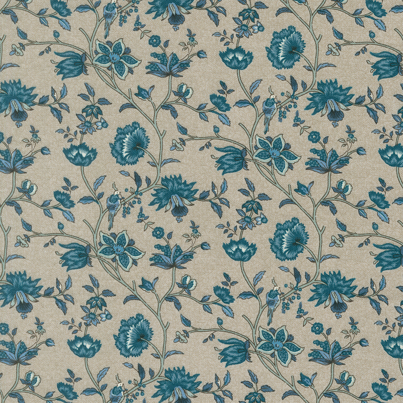Smoke gray fabric with teal floral vines and small birds across the background.
