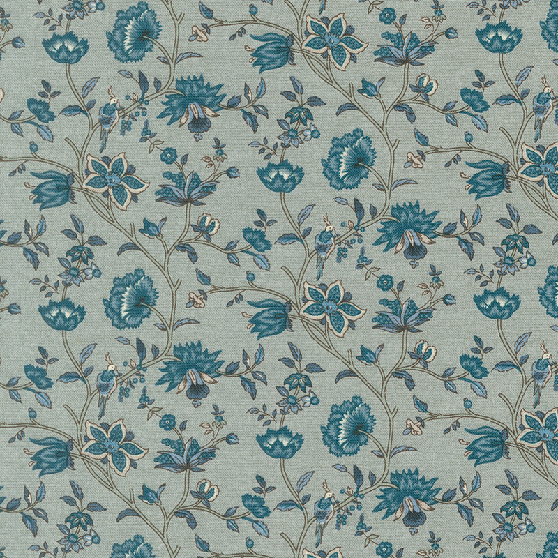 Misty teal fabric with teal floral vines and small birds across the background.