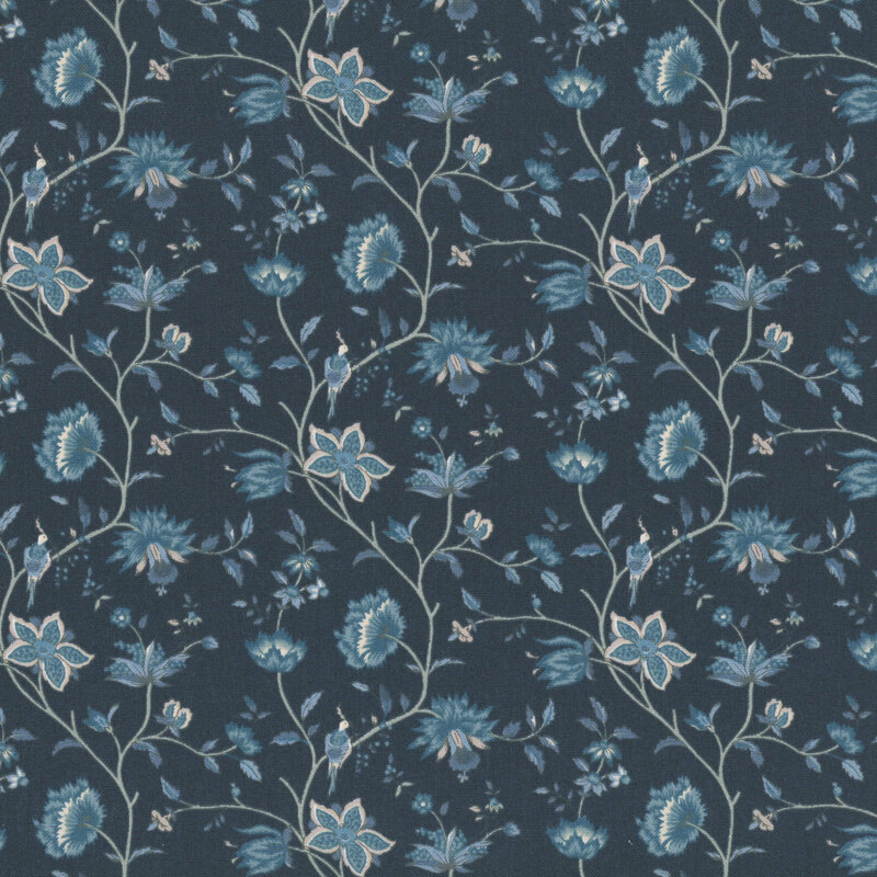 Dark teal fabric with teal floral vines and small birds across the background.
