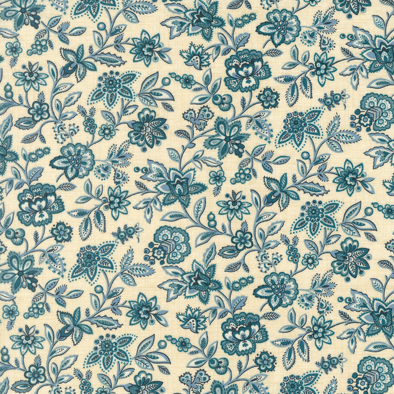 Cream fabric with a packed design of teal jacobean florals and vines.