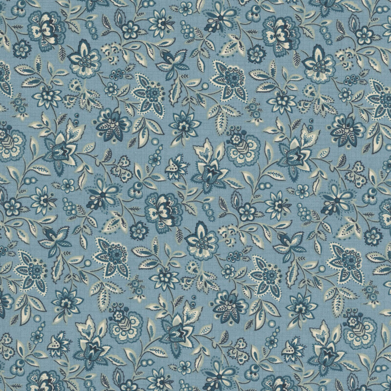 Cadet teal-blue fabric with a packed design of teal jacobean florals and vines.