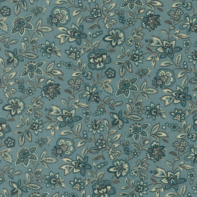 Cadet teal-blue fabric with a packed design of teal jacobean florals and vines.