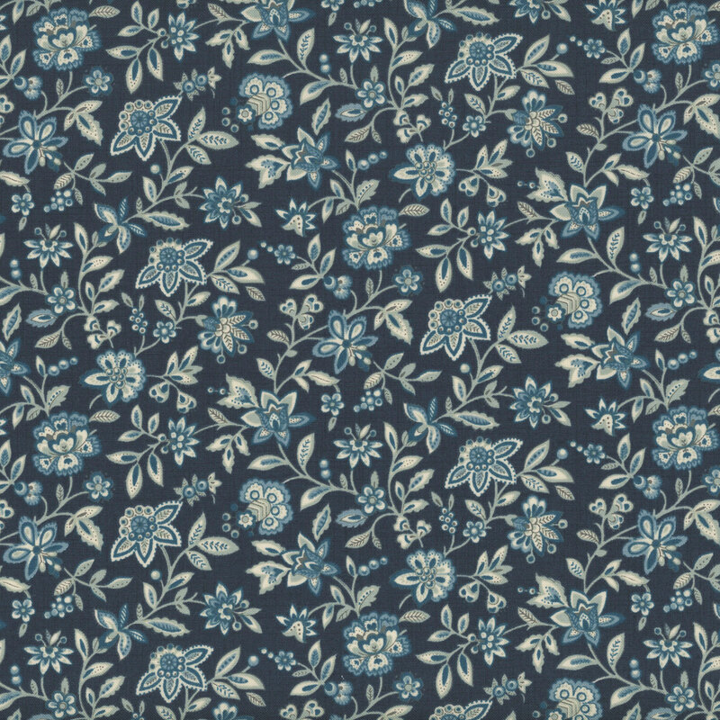 Dark teal blue fabric with a packed design of teal jacobean florals and vines.