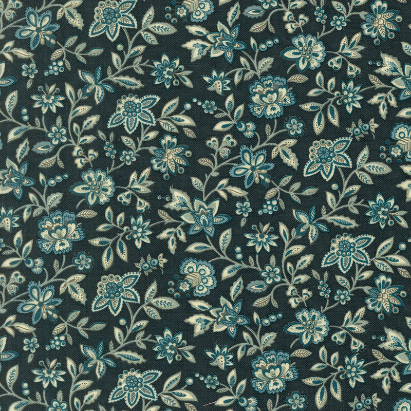 Dark teal blue fabric with a packed design of teal jacobean florals and vines.