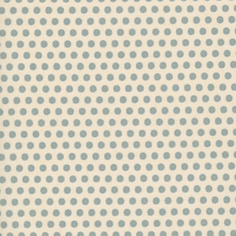 Cream fabric with a staggered grid of floral teal dots.