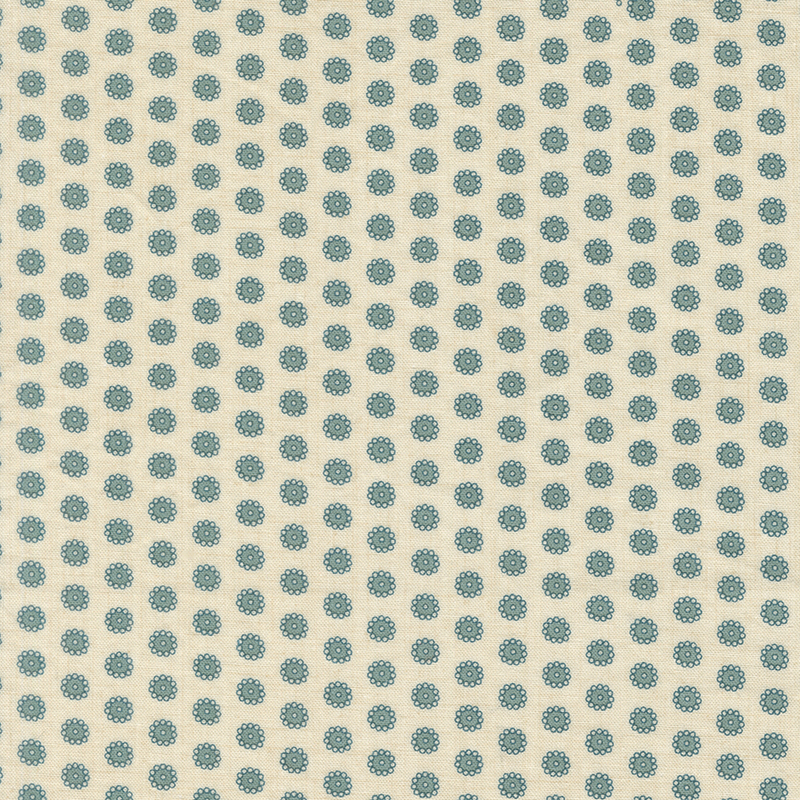 Cream fabric with a staggered grid of floral teal dots.