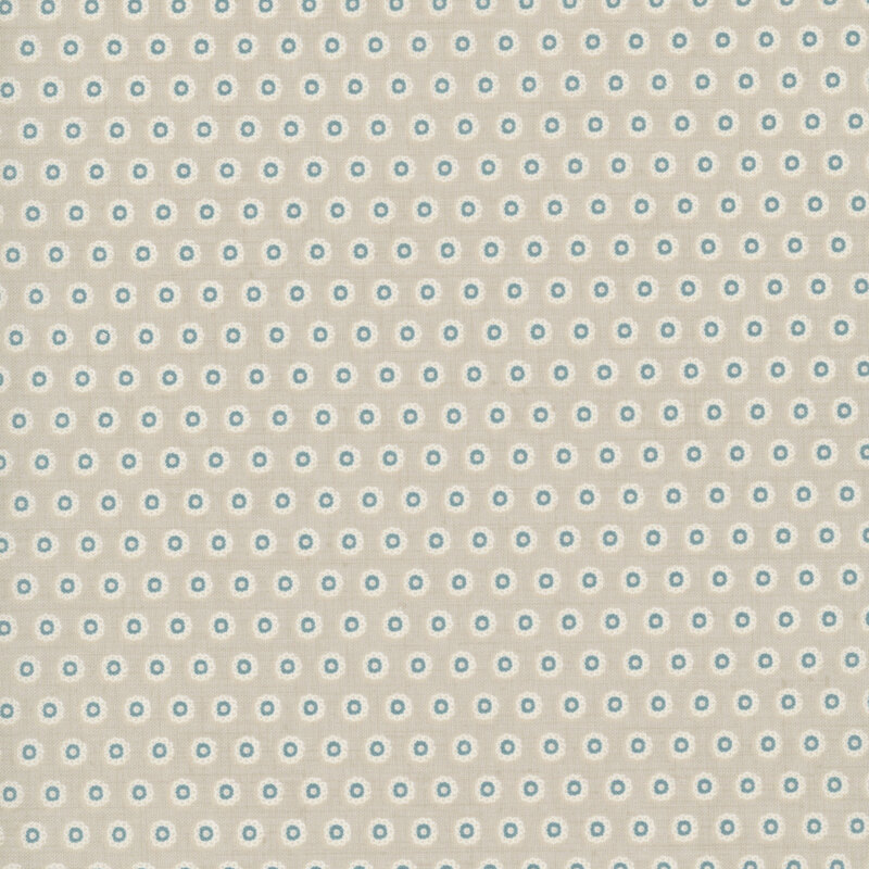 Smoke gray fabric with a staggered grid of floral teal dots.