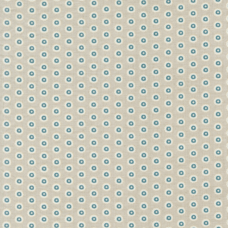 Smoke gray fabric with a staggered grid of floral teal dots.