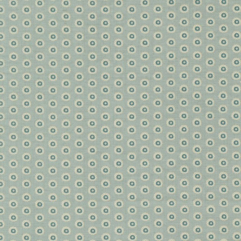 Misty aqua fabric with a staggered grid of floral teal dots.