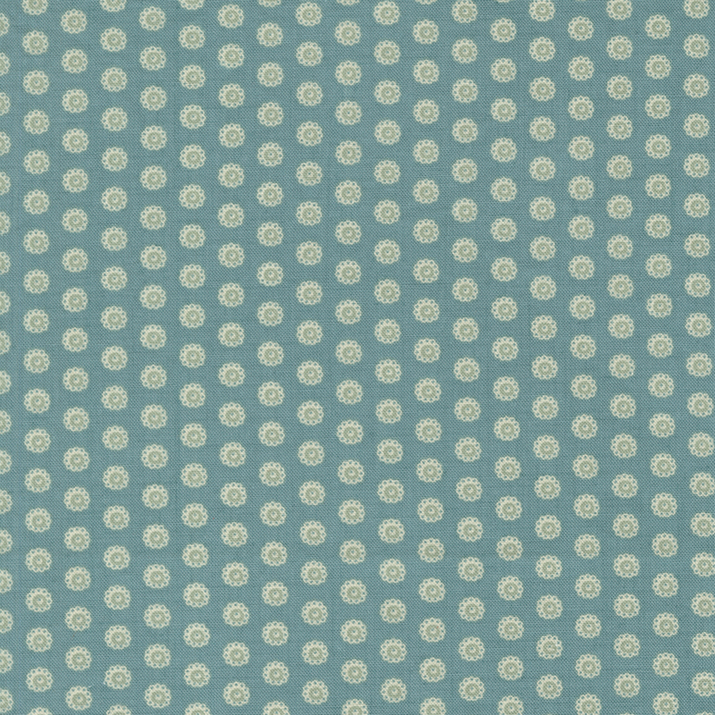 Teal fabric with a staggered grid of floral cadet teal dots.