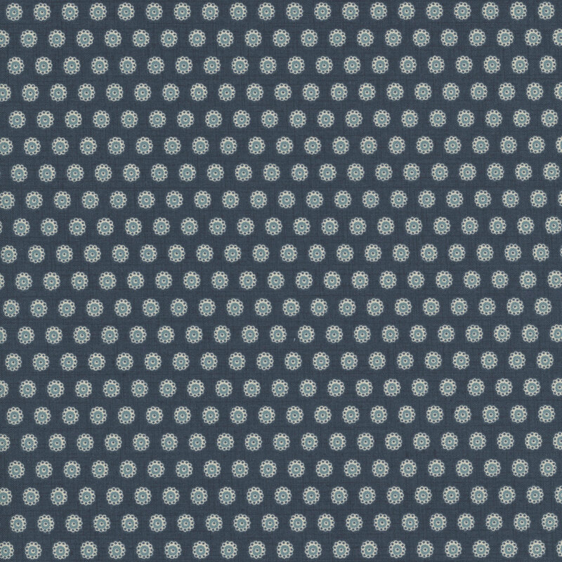 Dark teal fabric with a staggered grid of floral teal dots.