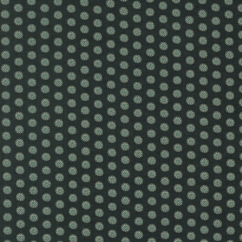 Dark teal fabric with a staggered grid of floral teal dots.