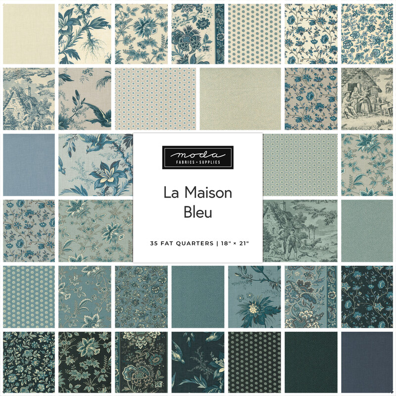 Digital collage of the Fat Quarter Bundle from the La Maison Bleu fabric collection.